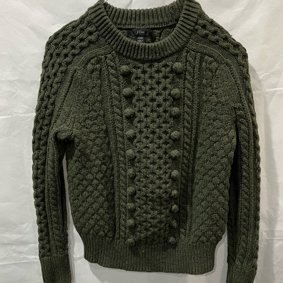 EUC J.Crew Cable Knit Pom Pom Wool Sweater Forrest Green XXS - Picture 2 of 7